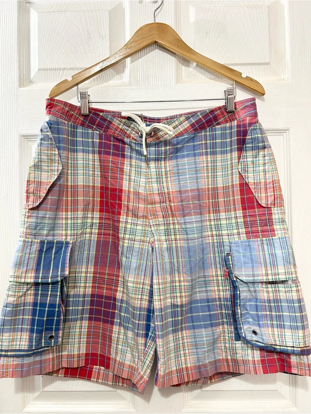 Polo Ralph Lauren Madras Plaid Cargo Swim Trunks Shorts Size 36 Summer Vacation